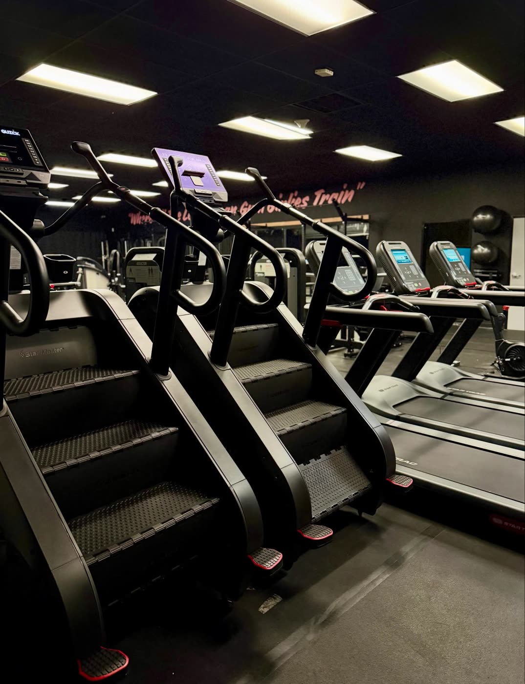 Two stair climbers next to a row of treadmills