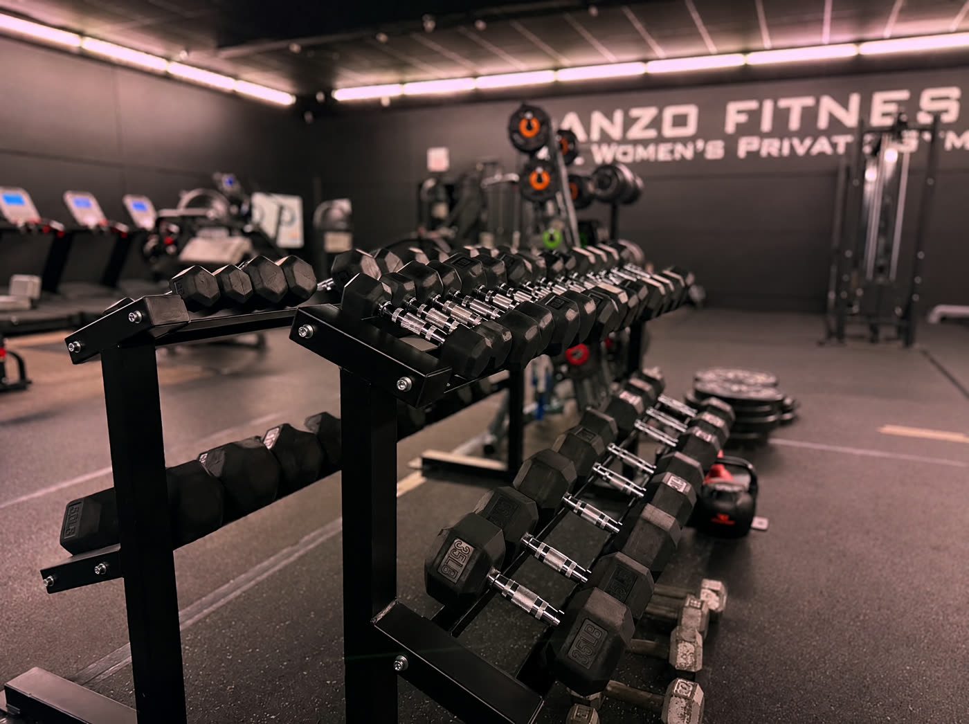 Rows of hex dumbbells on two racks, with treadmills and plate-loaded machines behind