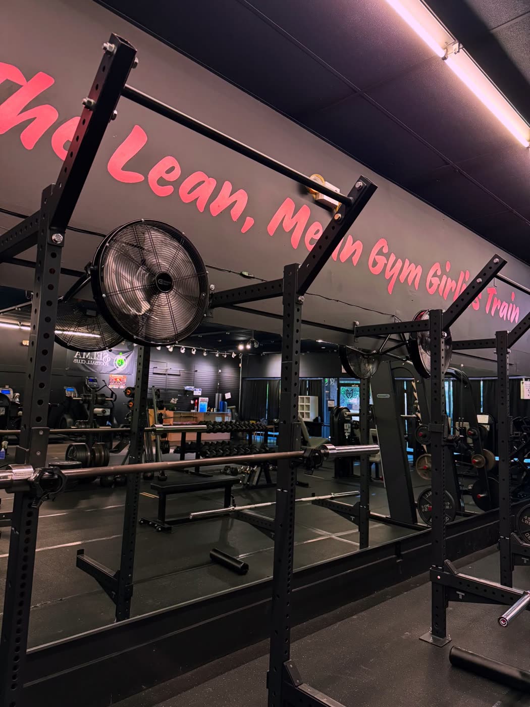 Squat rack with a barbell under the pink neon wall sign
